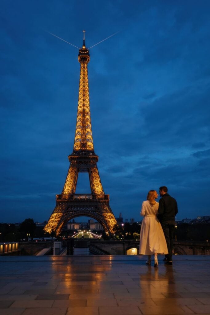 Couple silhouetted against illuminated Eiffel Tower at blue hour with Trocadéro plaza in foreground