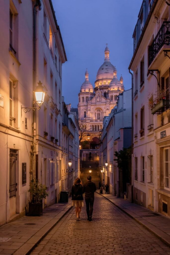 Narrow cobblestone street in Montmartre at night with illuminated Sacré-Cœur Basilica at the top of steps and couple walking uphill