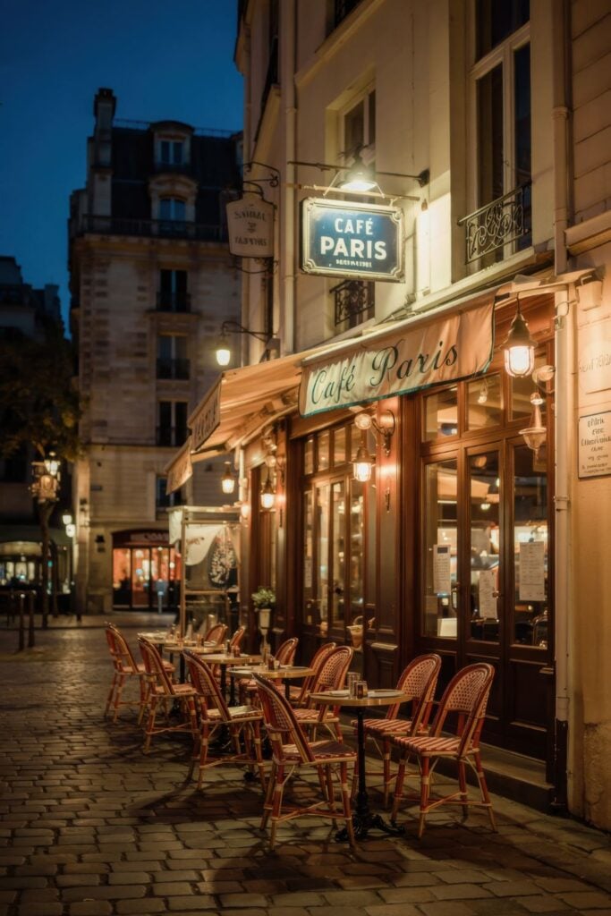 Traditional Parisian café with illuminated awning and empty sidewalk tables at night on cobblestone street