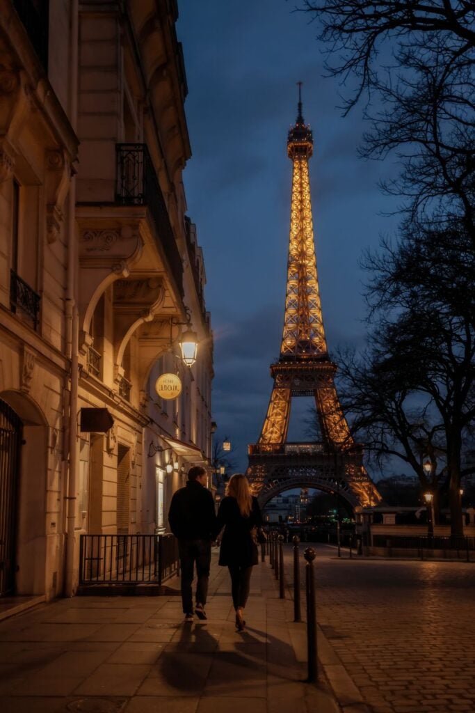 Couple walking on street at night with illuminated Eiffel Tower glowing against dark blue sky and Haussmann buildings in foreground