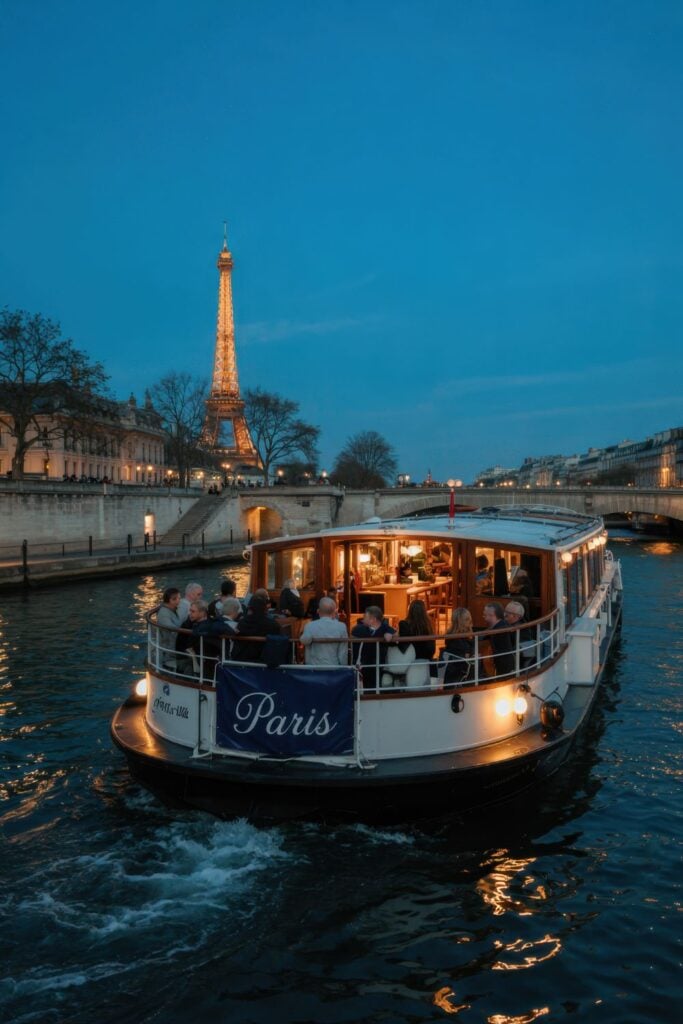 Illuminated dinner cruise boat on Seine River at dusk with glowing Eiffel Tower in background and passengers enjoying meal
