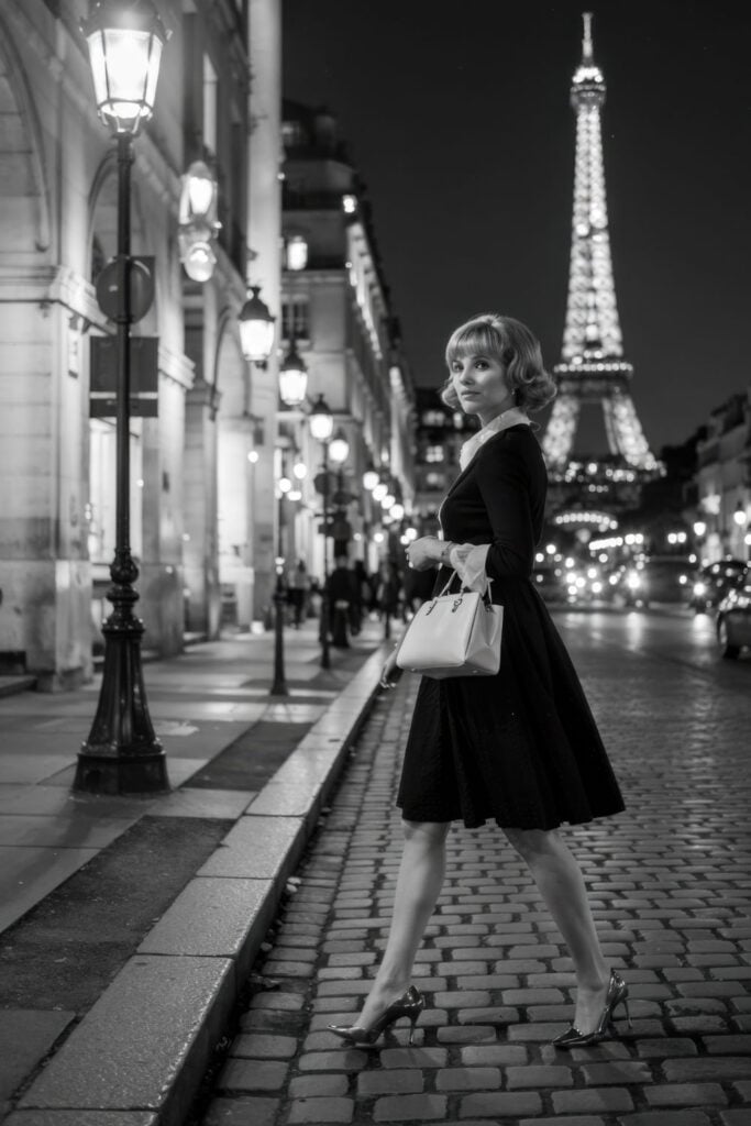 Black and white photo of woman in vintage dress and heels on cobblestone street with street lamps and illuminated Eiffel Tower in background