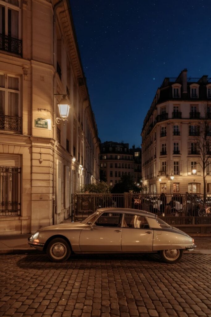 Classic Citroën DS car parked on cobblestone street at night with illuminated Parisian buildings creating a warm golden glow