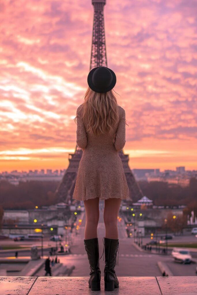 Woman in lace dress and black hat silhouetted against Eiffel Tower with dramatic pink and purple sunset sky