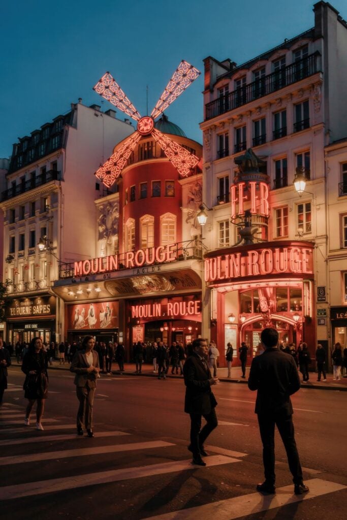 Moulin Rouge cabaret with illuminated red windmill and neon signs surrounded by nighttime crowds in Montmartre