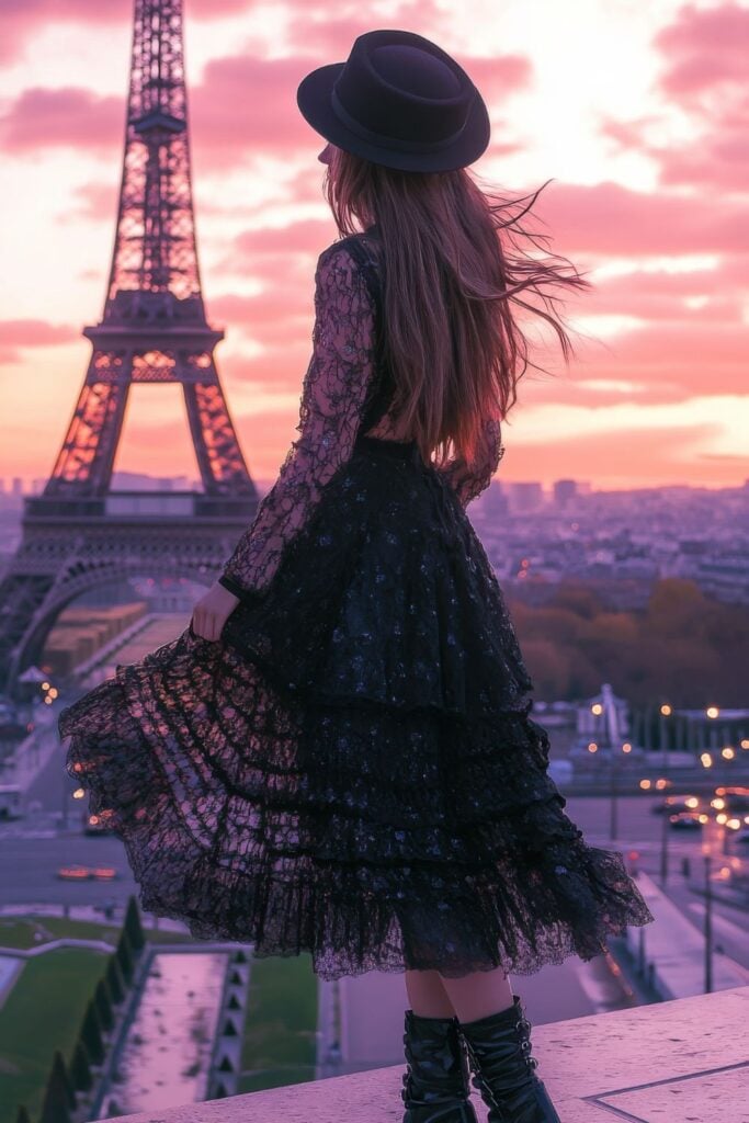 Woman in flowing black lace dress and hat overlooking Paris at sunset with Eiffel Tower silhouetted against vibrant pink sky