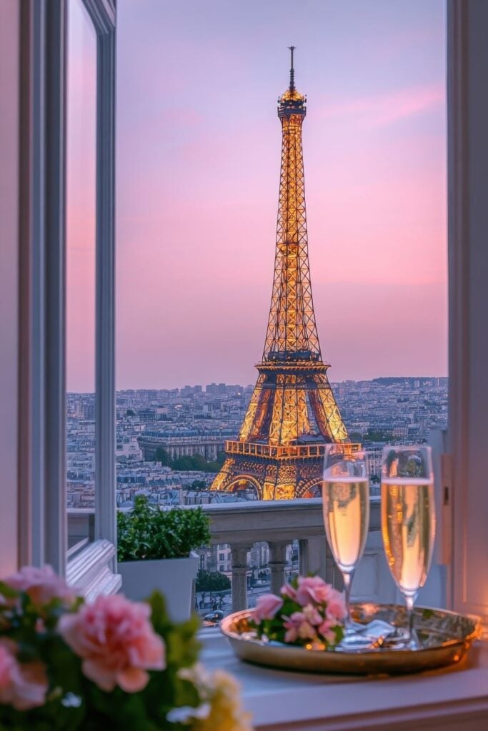 Luxury hotel window view of illuminated Eiffel Tower at dusk with champagne glasses and pink roses on windowsill against pink sky