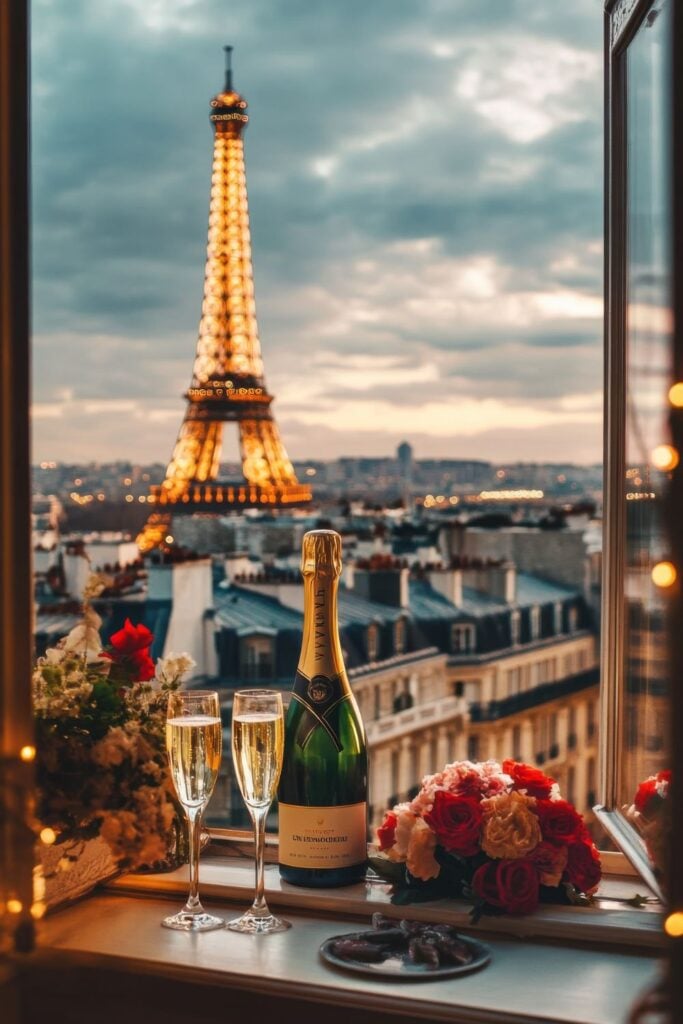 Champagne bottle and glasses on windowsill with Eiffel Tower view at dusk and bouquet of roses in Paris apartment