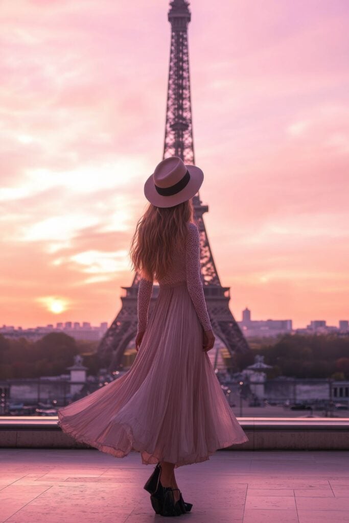 Woman in flowing pink dress and hat silhouetted against Eiffel Tower at sunset with pink sky on Trocadéro platform