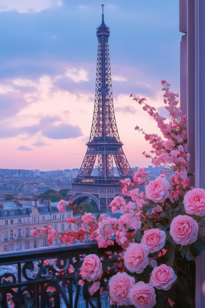 Eiffel Tower at twilight viewed through balcony with blooming pink roses against purple-pink sky