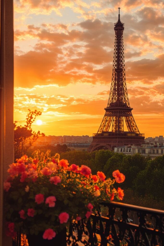 Eiffel Tower silhouette against orange sunset sky with matching orange flowers blooming on balcony in foreground