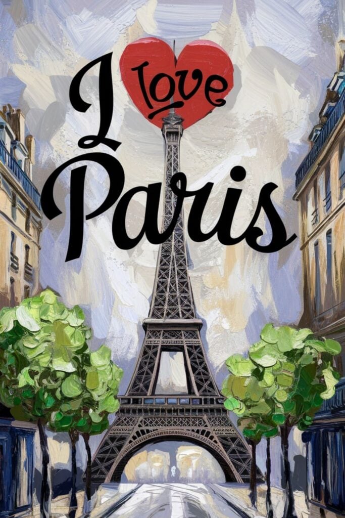 Impressionist painting of the Eiffel Tower with "I Love Paris" text overlay, featuring textured brushstrokes and Haussmann buildings.