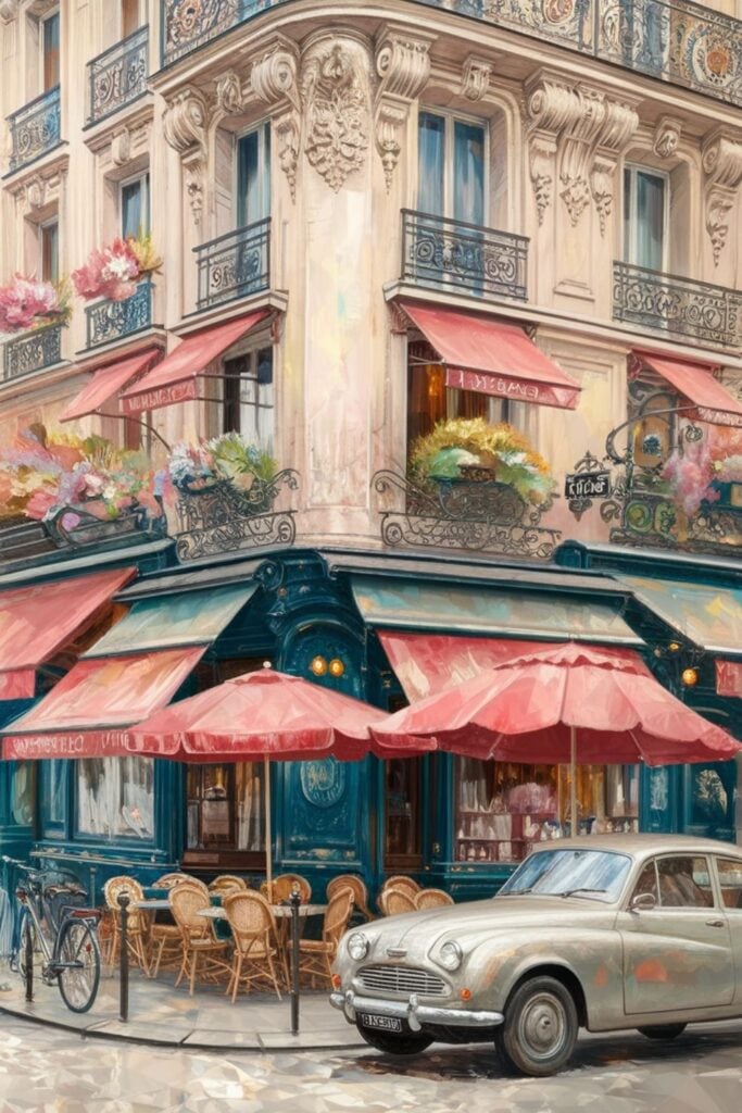 Realistic painting of a Parisian corner café with salmon-colored awnings, wrought iron balconies, outdoor seating, and a vintage car parked nearby.