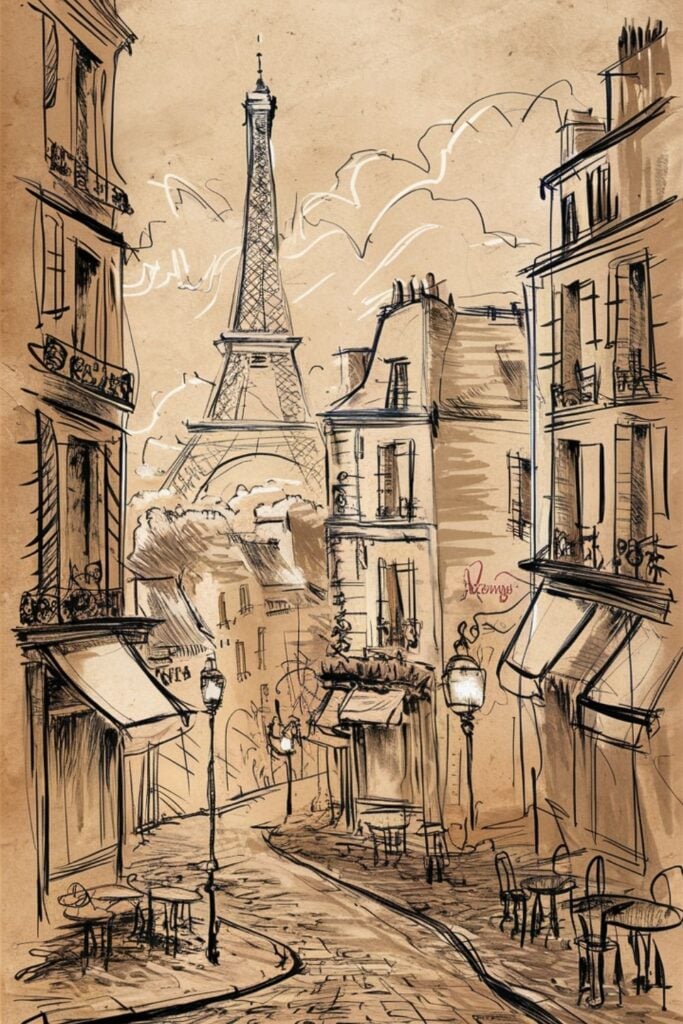 Sepia ink sketch of a narrow Parisian street with café tables, street lamps and the Eiffel Tower visible between buildings.