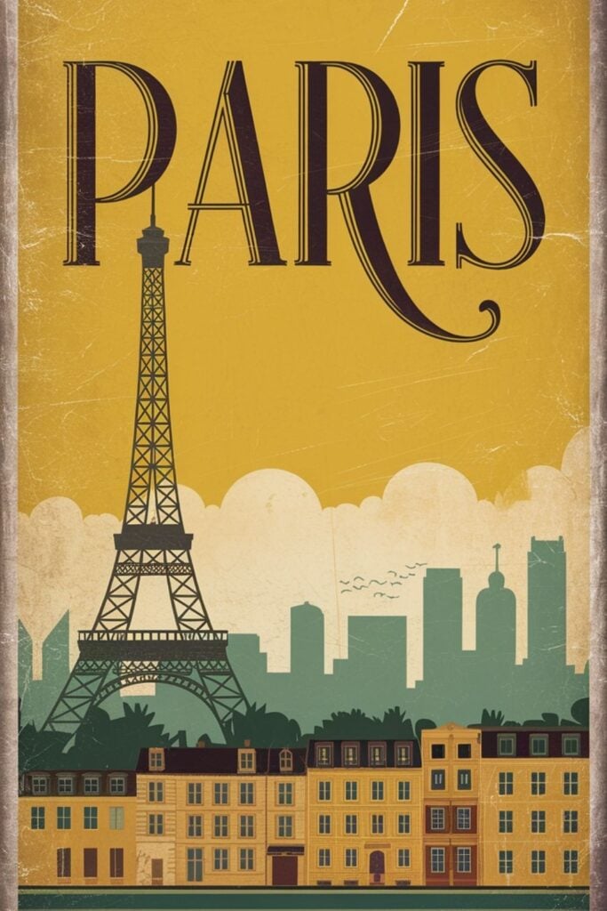 Vintage-style travel poster with "PARIS" text, featuring the Eiffel Tower against a mustard yellow sky above stylized buildings.