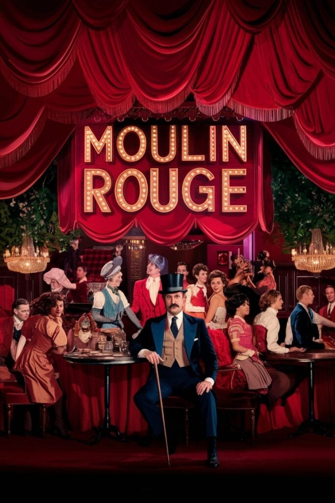 Theatrical photograph of the Moulin Rouge cabaret with performers in period costume, red velvet drapes, and illuminated signage.
