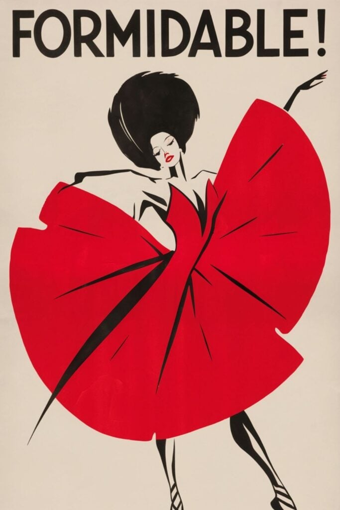 Minimalist poster with "FORMIDABLE!" text featuring a stylized woman in a flowing red dress with black hair against white background.