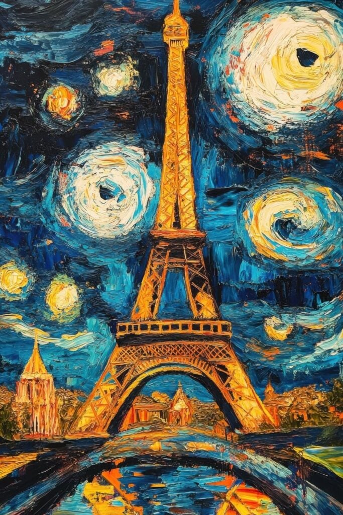 Impressionist painting in Van Gogh's style showing the Eiffel Tower in gold against a swirling starry night sky with blue and yellow paint swirls.