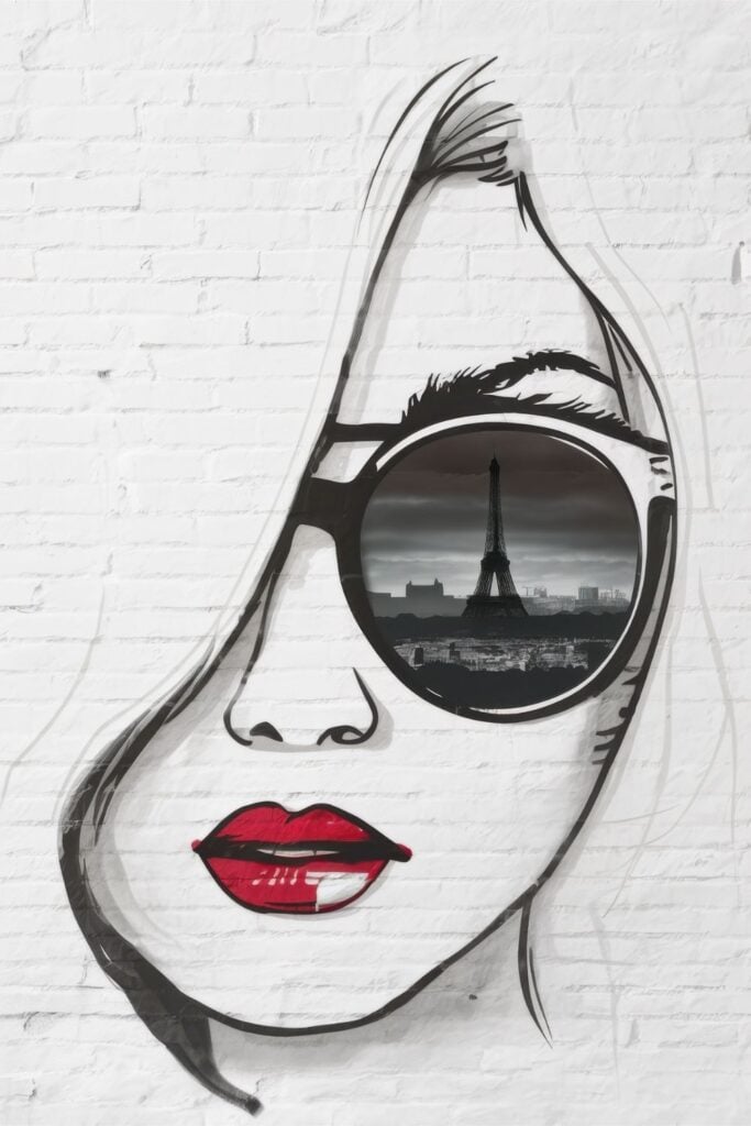 Minimalist black and white illustration of a woman's face with red lips and sunglasses reflecting the Eiffel Tower and Paris skyline.