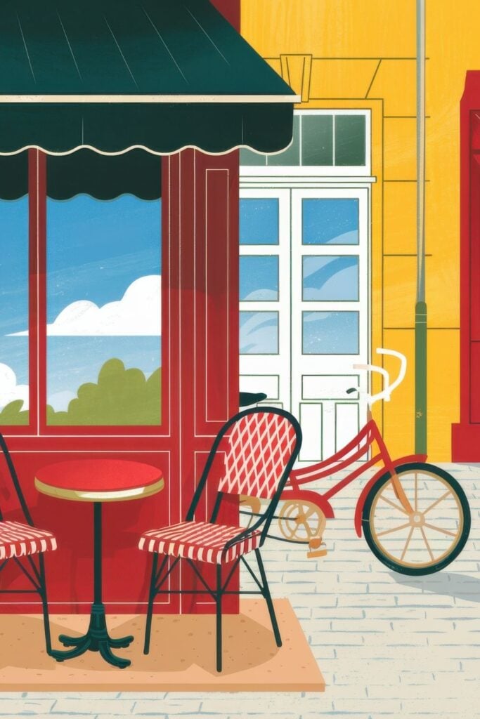 Digital illustration of a French café corner with red bistro chair, round table, green awning, and a bicycle against a bright yellow wall.