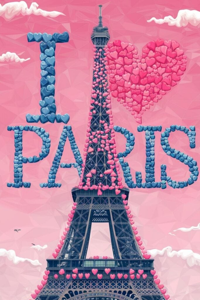 Digital artwork of the Eiffel Tower with blue "I ♥ PARIS" text made of heart shapes on a pink geometric background.
