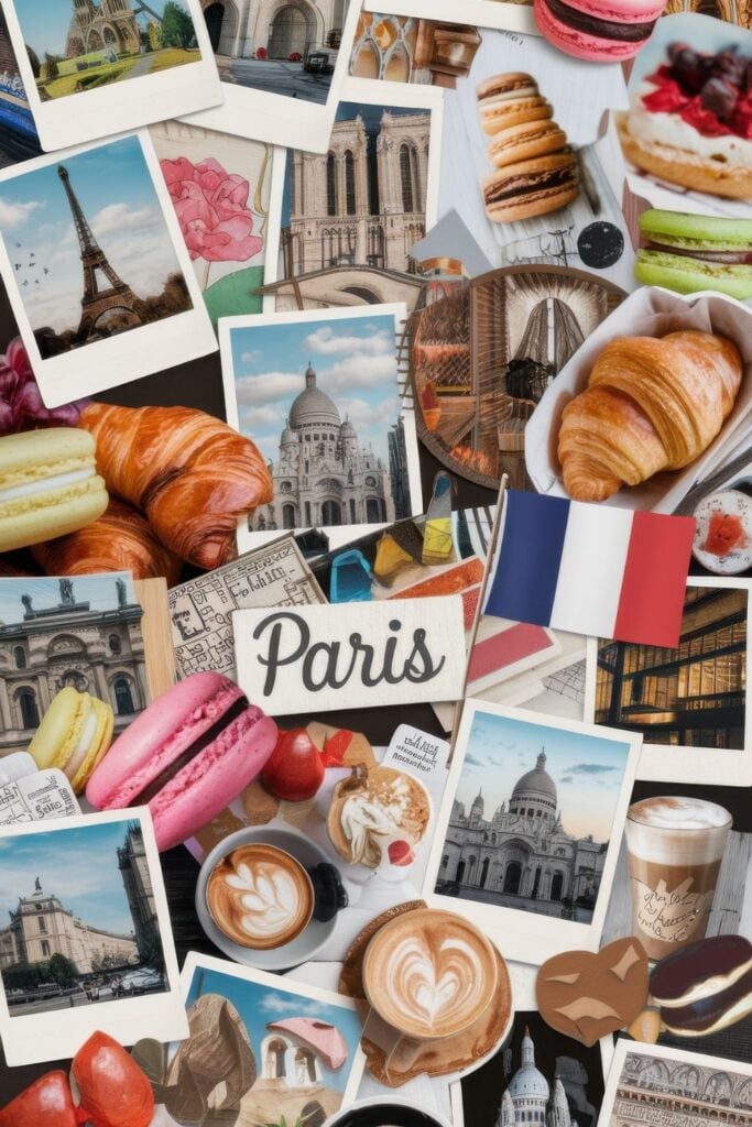 Collage featuring Polaroid photos of Paris landmarks, French pastries including croissants and macarons, coffee cups, and the French flag.