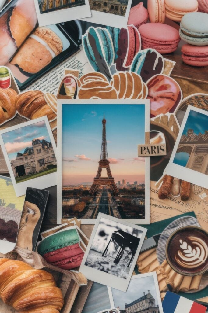 Collage featuring Polaroid photos of Paris landmarks surrounded by macarons, croissants and pastries with a central image of the Eiffel Tower at sunset.