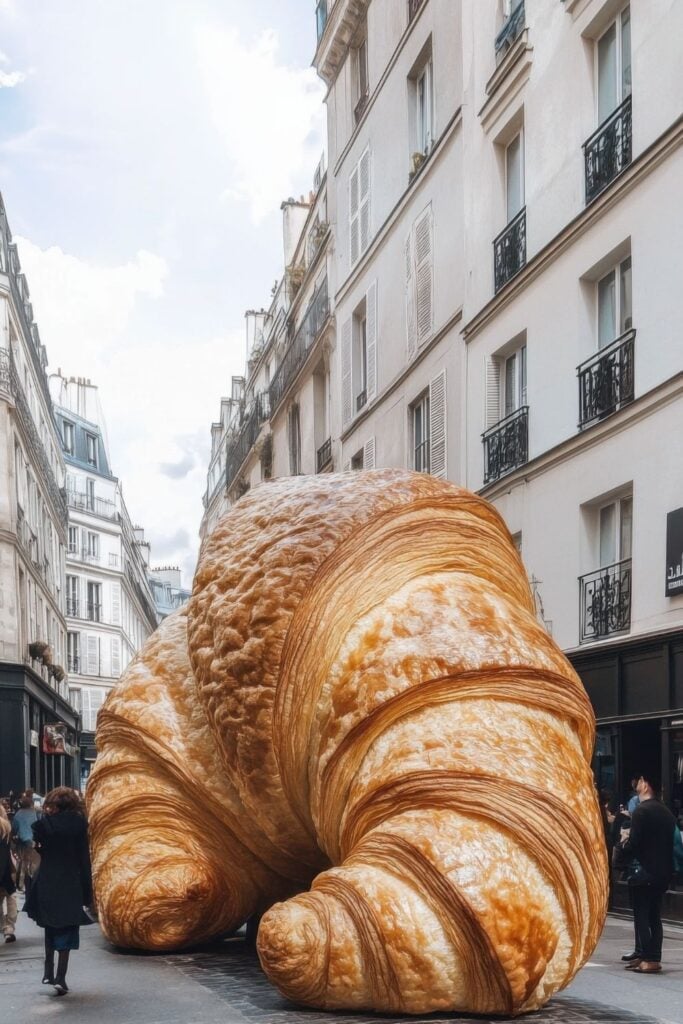 Photograph of a giant croissant sculpture installed on a Paris street corner with Haussmann-style buildings in the background.