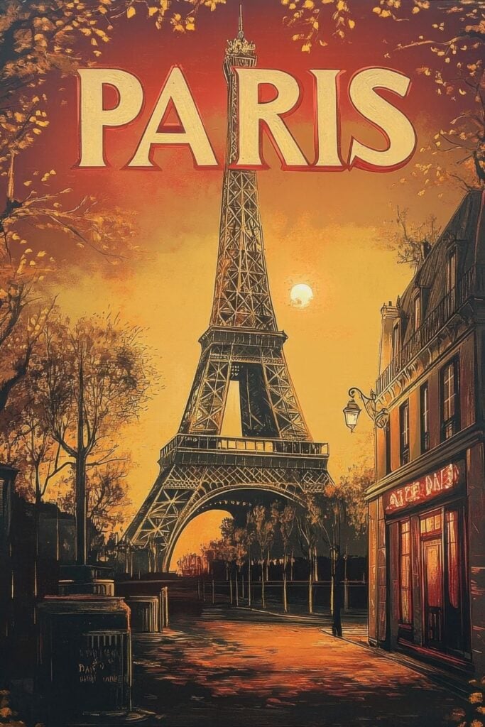 Vintage-style poster of the Eiffel Tower at sunset with golden orange sky, "PARIS" text and street cafe with glowing windows.