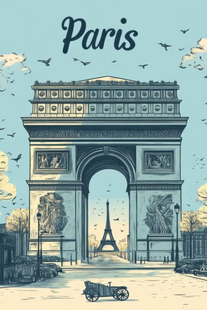 Stylized illustration of the Arc de Triomphe framing a view of the Eiffel Tower in the distance against a light blue sky with birds flying.