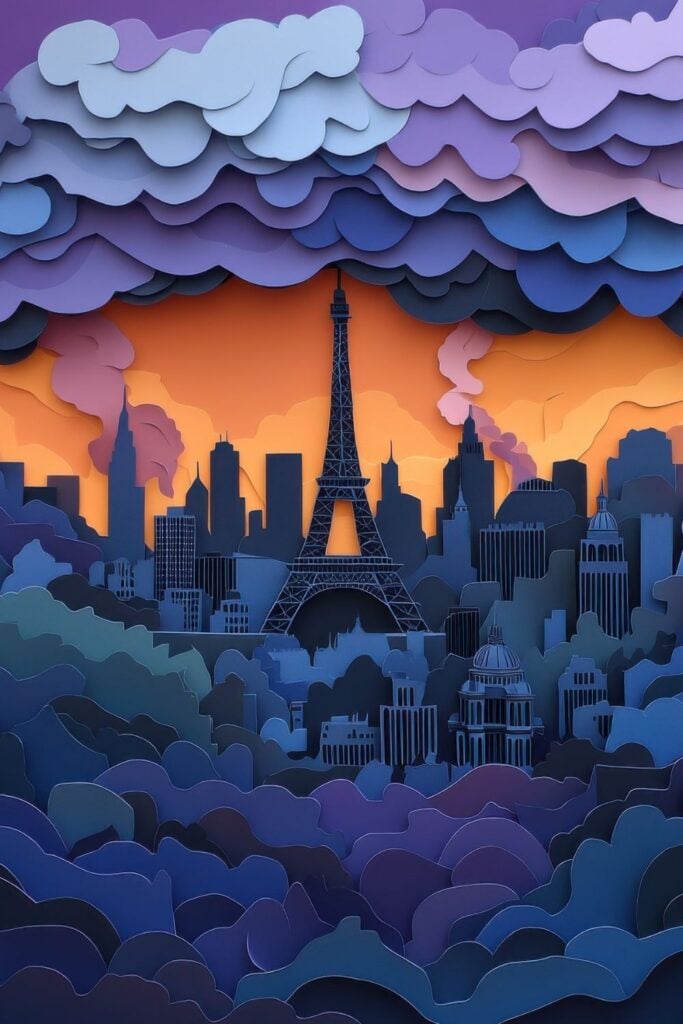 Paper cut art showing the Paris skyline with the Eiffel Tower in layers of purple, blue and orange with a dimensional effect.