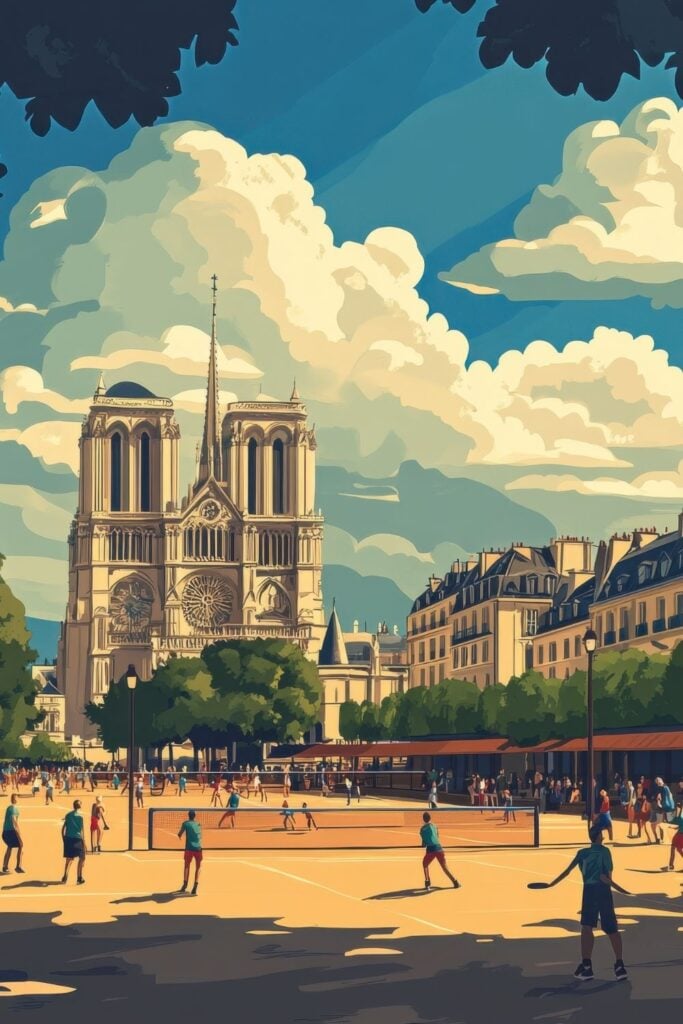 Digital illustration of people playing tennis in front of Notre-Dame Cathedral with dramatic clouds overhead.