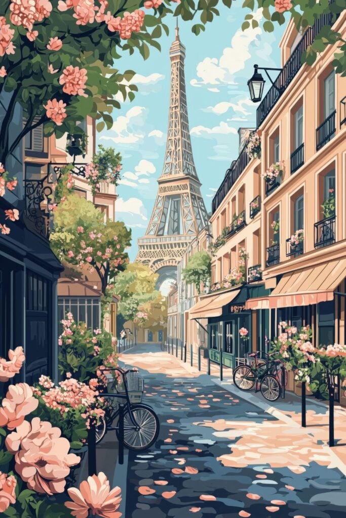 Digital illustration of a Paris street in spring with cherry blossoms, bicycles, and the Eiffel Tower visible in the background.