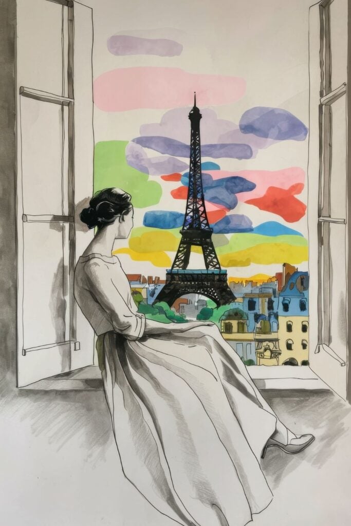Illustration of a woman in a white dress looking out her window at a colorful watercolor view of the Eiffel Tower.