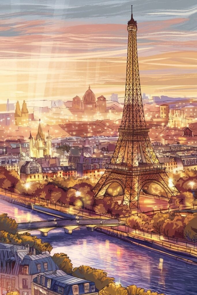 Digital illustration of Paris at sunset with the Eiffel Tower illuminated against a golden sky, city lights beginning to shine along the Seine.