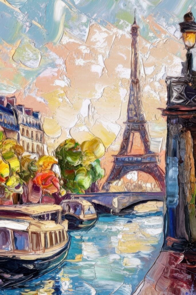 Impressionist painting of boats on Seine River with Eiffel Tower, street lamp, and colorful brushstrokes creating a textured Paris scene.