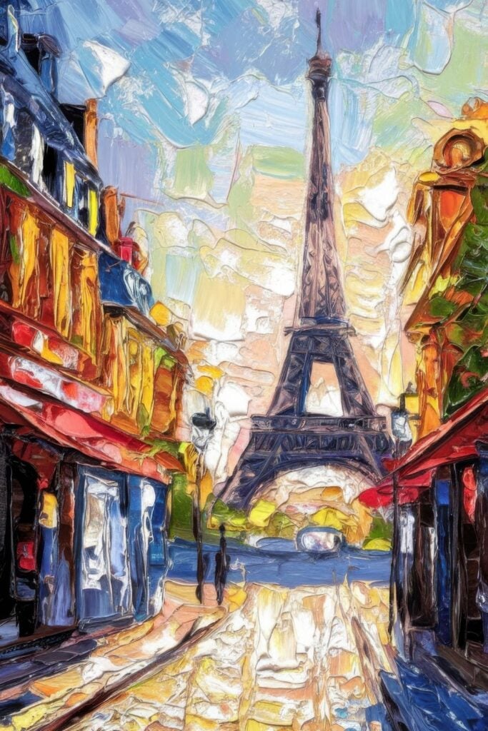 Impasto painting showing Eiffel Tower viewed through street corridor with thick paint creating textured buildings and golden light.
