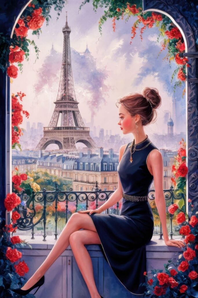 Romantic digital painting of woman in black dress sitting on balcony with rose-covered archway framing Eiffel Tower view.