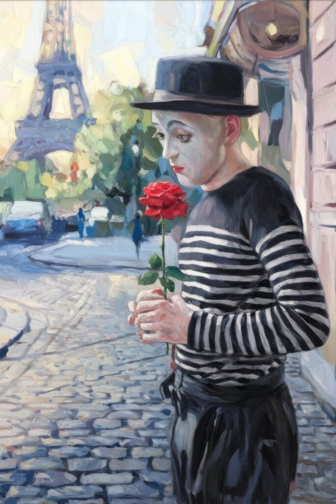 Painterly portrait of mime with white face makeup, striped shirt and hat holding single red rose with Eiffel Tower visible in background.