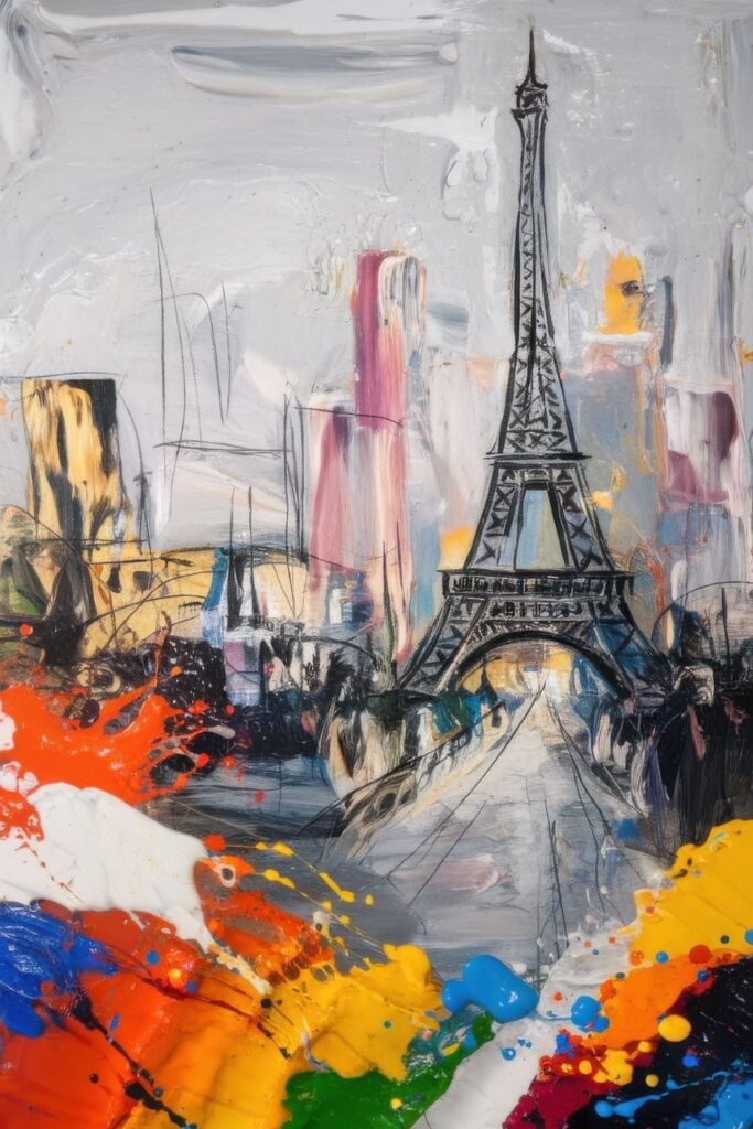 Abstract mixed media painting featuring the Eiffel Tower in black against a white background with colorful paint splashes in red, blue, yellow and green at the bottom.