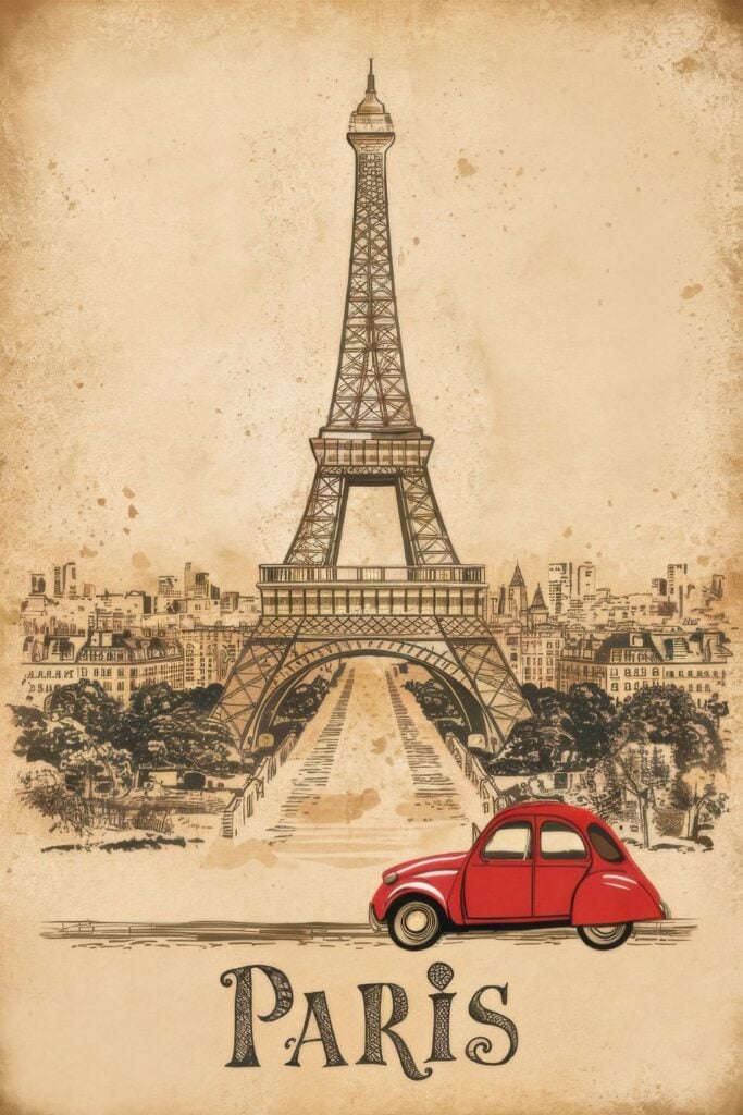 Vintage-style poster illustration of Eiffel Tower and Paris cityscape in sepia tones with a bright red Citroën 2CV car at the bottom and "PARIS" text.