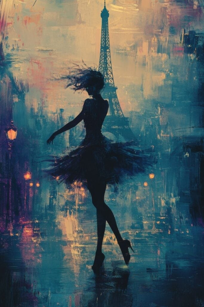 Silhouette of ballerina dancer against abstract blue background with Eiffel Tower and glowing street lamps in impressionist painting style.