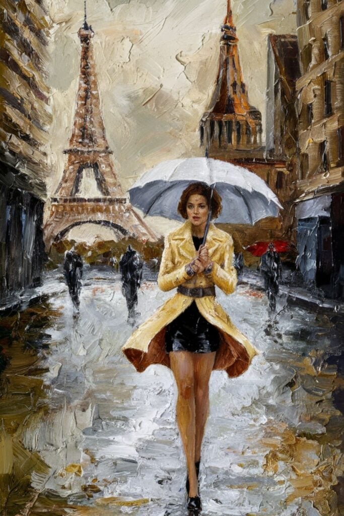 Oil painting of a woman in a yellow coat holding an umbrella walking through rainy Paris streets with the Eiffel Tower in the background.