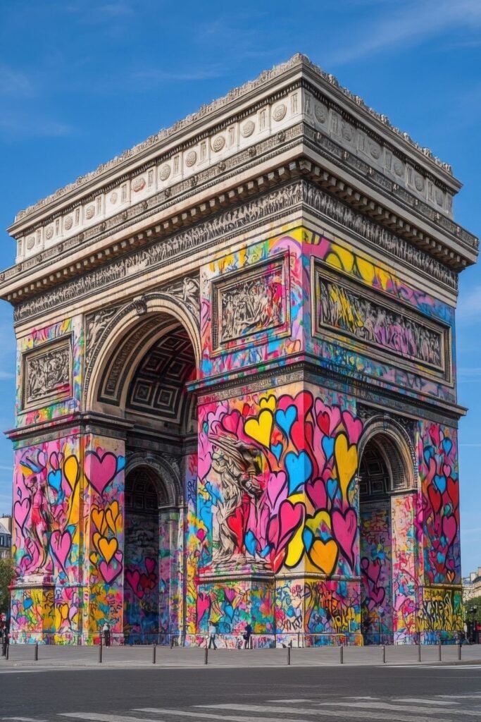 Photograph of the Arc de Triomphe temporarily decorated with colorful street art featuring pink, yellow, and blue heart patterns covering the lower portions of the monument.