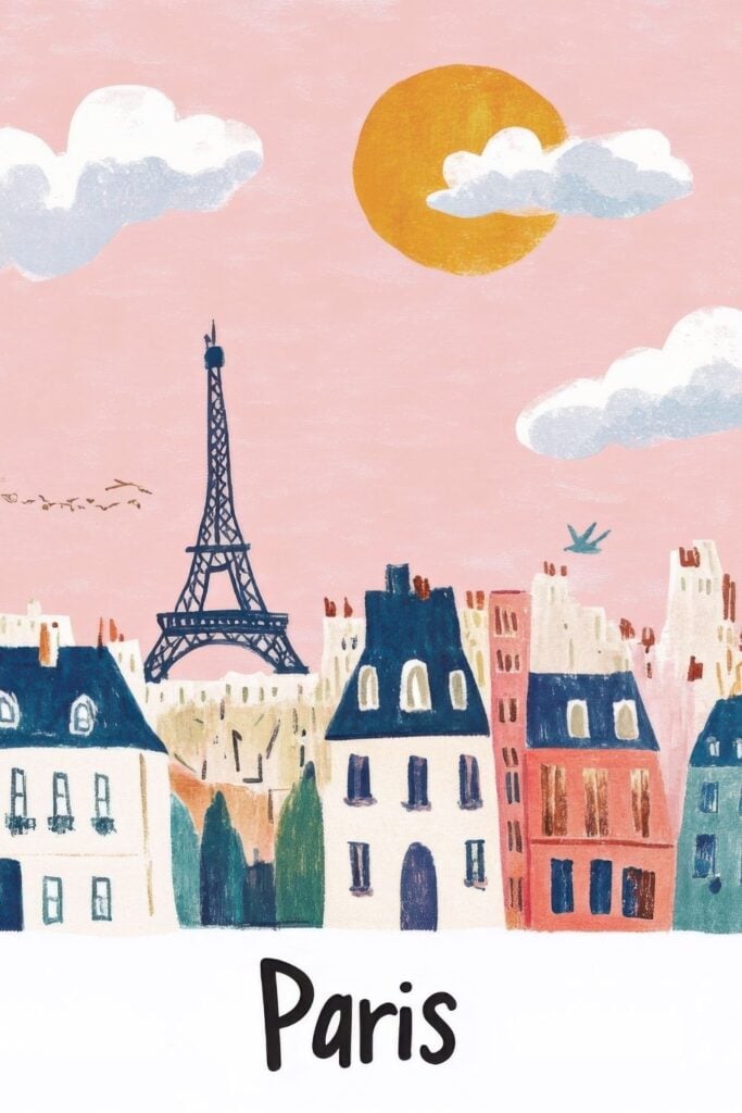 Children's book style illustration of Paris cityscape with Eiffel Tower, colorful buildings, pink sky, yellow sun, and fluffy clouds in a naive, hand-painted style.