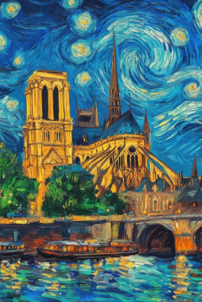 Painting of Notre Dame Cathedral in Van Gogh's Starry Night style with swirling blue sky, bright yellow cathedral, green trees, and boats on turquoise Seine river with textured brushstrokes.