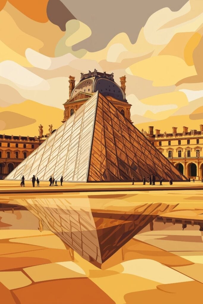 Minimalist vector illustration of the Louvre pyramid and museum buildings in golden-amber tones with reflections in water, against stylized sunset sky in similar warm hues.