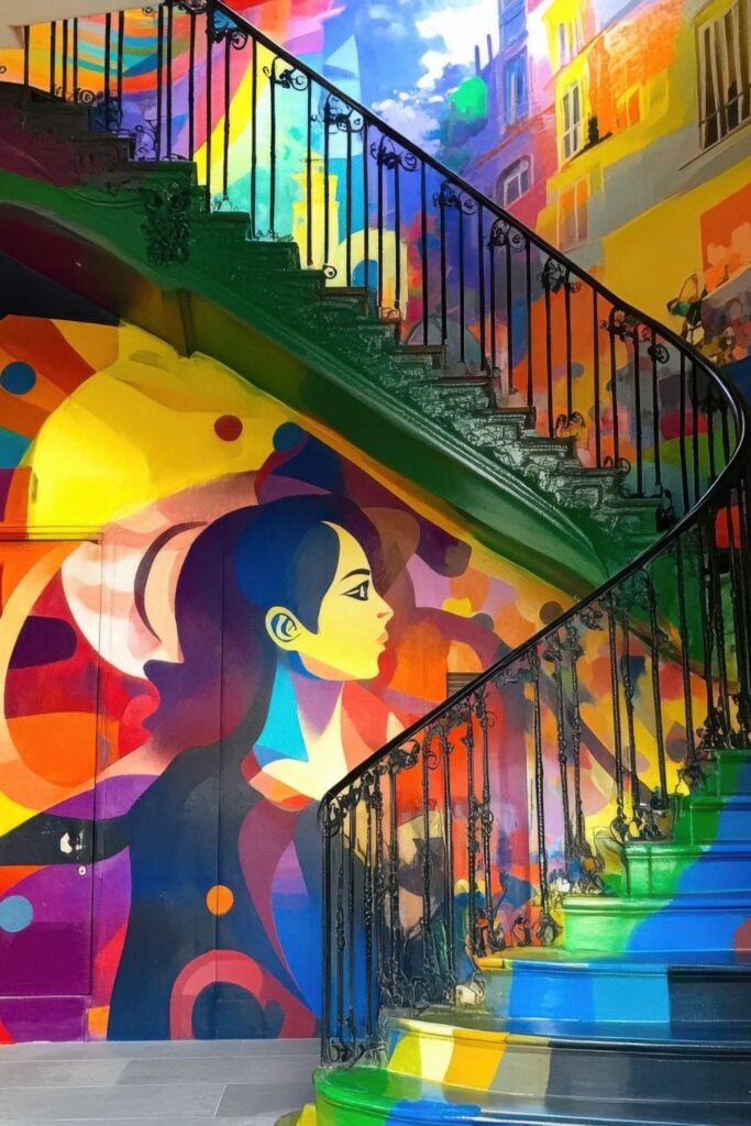 Colorful mural artwork on a curved Parisian staircase featuring vibrant rainbow colors and a stylized woman's portrait painted on the wall beneath green steps with black wrought iron railings.