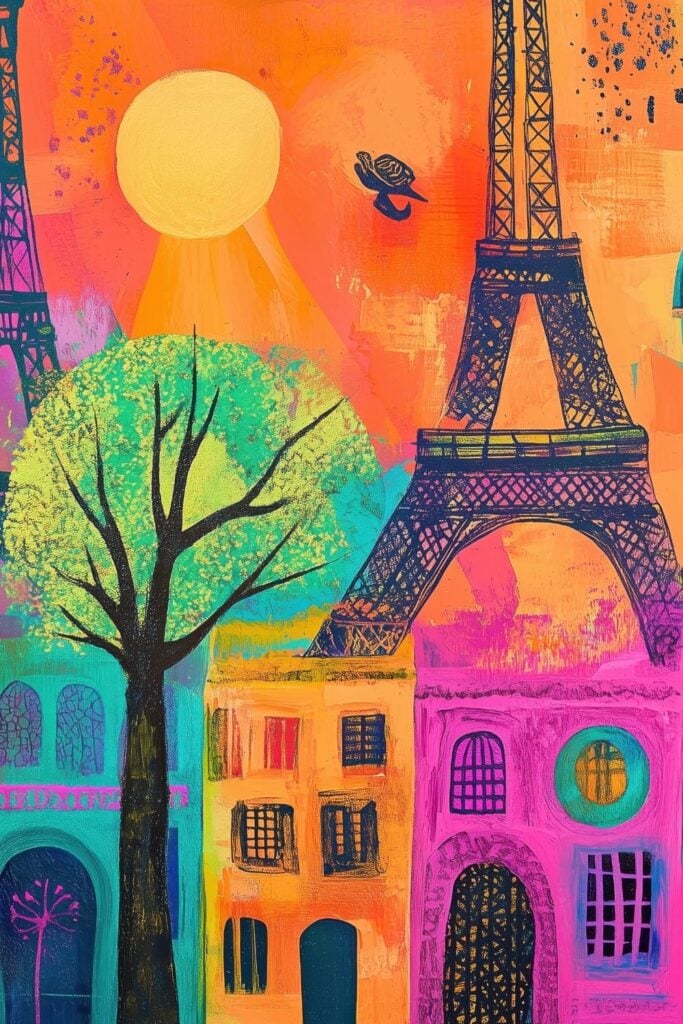 Colorful abstract painting of the Eiffel Tower with pink and orange sky, bright green tree, and multicolored buildings in a naive contemporary style with bold black outlines.