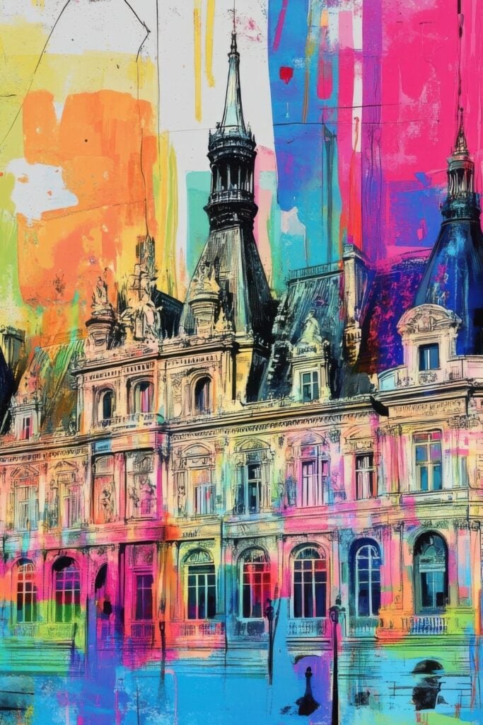 Digital artwork of Paris City Hall (Hôtel de Ville) with vibrant rainbow color washes and splashes across the classical facade against a colorful abstract background.